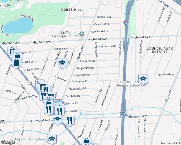 map of restaurants, bars, coffee shops, grocery stores, and more near 120 Edgemoor Road in Rochester