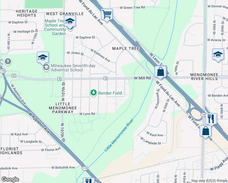map of restaurants, bars, coffee shops, grocery stores, and more near 6321 North 101st Street in Milwaukee