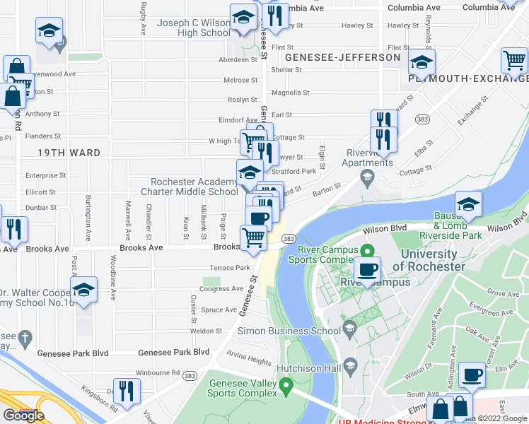 map of restaurants, bars, coffee shops, grocery stores, and more near Genesee Street & Barton Street in Rochester