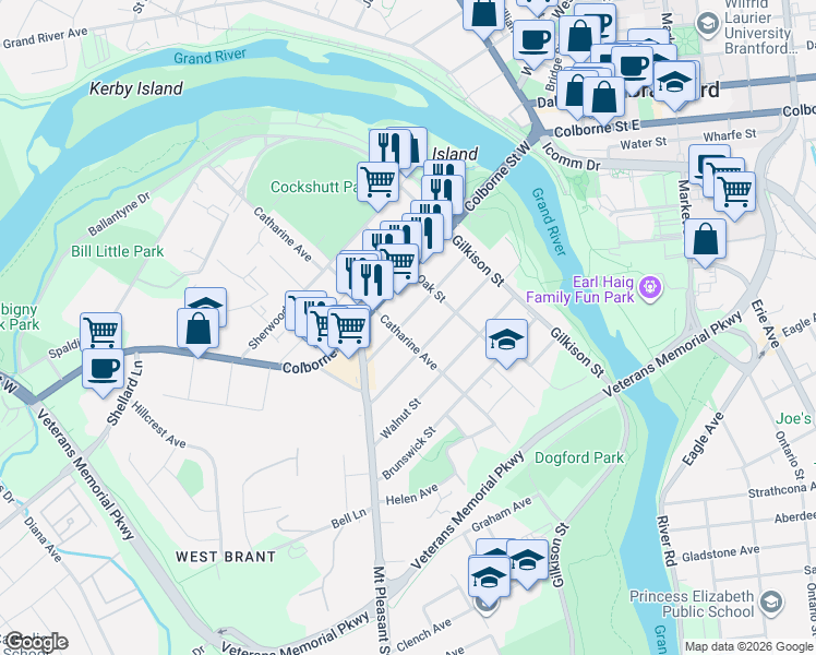 map of restaurants, bars, coffee shops, grocery stores, and more near 56 Balfour Street in Brantford
