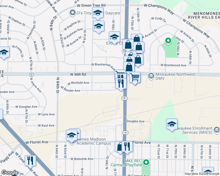 map of restaurants, bars, coffee shops, grocery stores, and more near 7720 W Bender Ave in Milwaukee