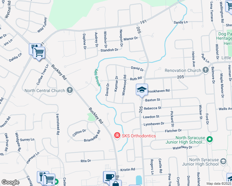 map of restaurants, bars, coffee shops, grocery stores, and more near 106 Kaymar Drive in Syracuse