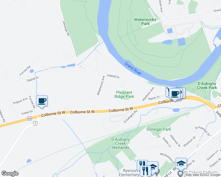 map of restaurants, bars, coffee shops, grocery stores, and more near 52 Kinnard Road in Brantford