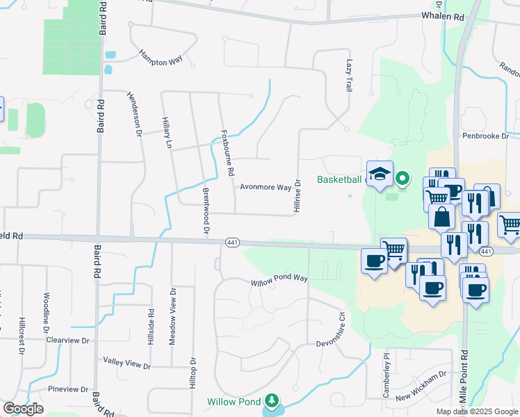 map of restaurants, bars, coffee shops, grocery stores, and more near 66 Hillrise Drive in Penfield