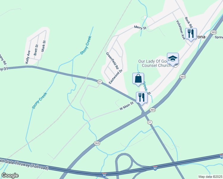 map of restaurants, bars, coffee shops, grocery stores, and more near 5623 Bridge Street in Verona