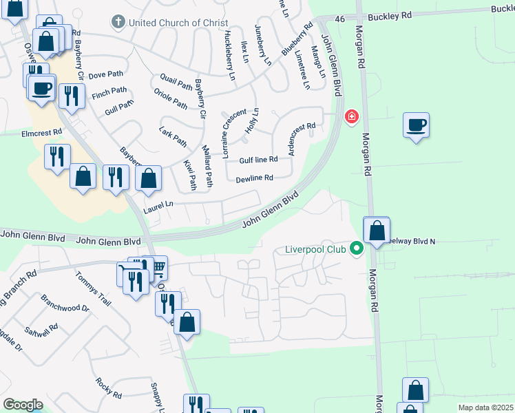 map of restaurants, bars, coffee shops, grocery stores, and more near 301 Eagles Pointe Circle in Liverpool
