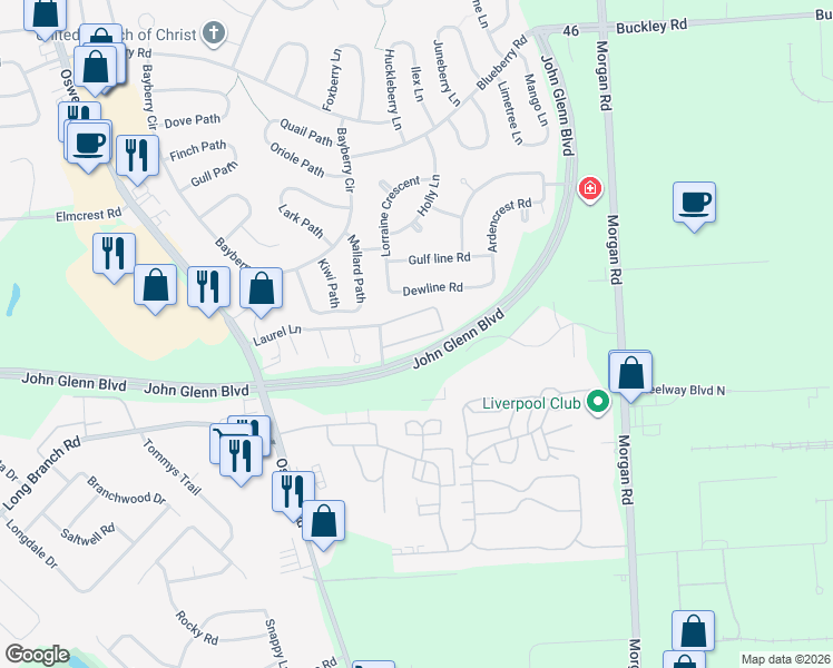 map of restaurants, bars, coffee shops, grocery stores, and more near 301 Eagles Pointe Circle in Liverpool