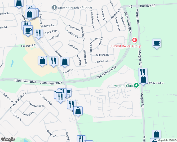 map of restaurants, bars, coffee shops, grocery stores, and more near 368 Eagles Pointe Circle in Liverpool