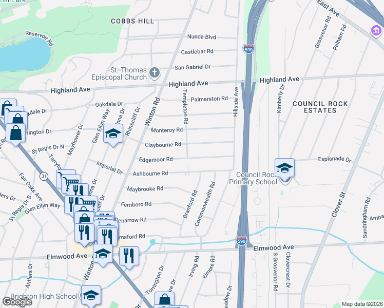 map of restaurants, bars, coffee shops, grocery stores, and more near 170 Edgemoor Road in Rochester