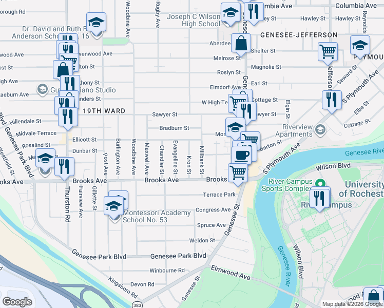 map of restaurants, bars, coffee shops, grocery stores, and more near 117 Millbank Street in Rochester