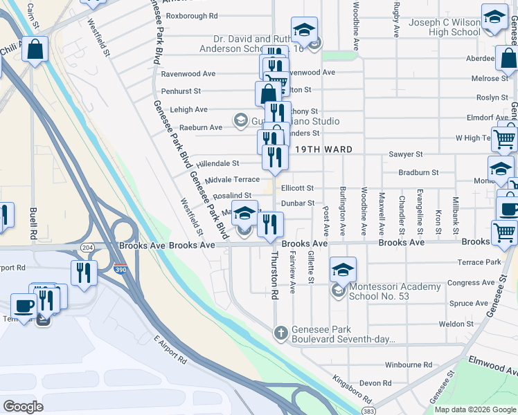 map of restaurants, bars, coffee shops, grocery stores, and more near 34 Margaret Street in Rochester
