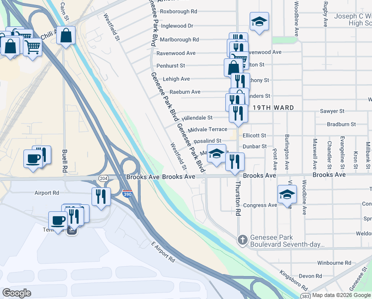 map of restaurants, bars, coffee shops, grocery stores, and more near 769 Genesee Park Boulevard in Rochester