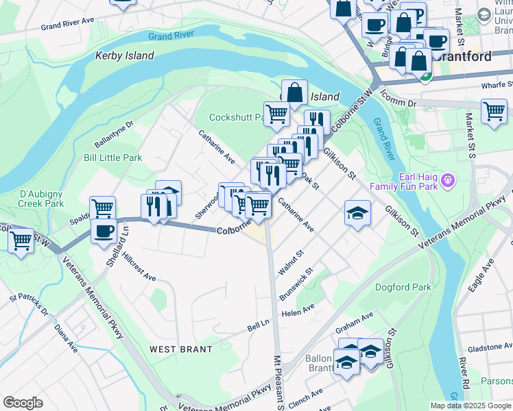 map of restaurants, bars, coffee shops, grocery stores, and more near 30 Norwich Street in Brantford