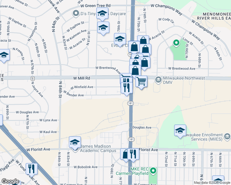 map of restaurants, bars, coffee shops, grocery stores, and more near 7720 West Bender Avenue in Milwaukee