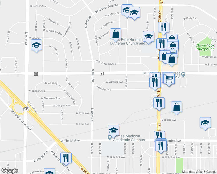 map of restaurants, bars, coffee shops, grocery stores, and more near 8228 West Bender Avenue in Milwaukee