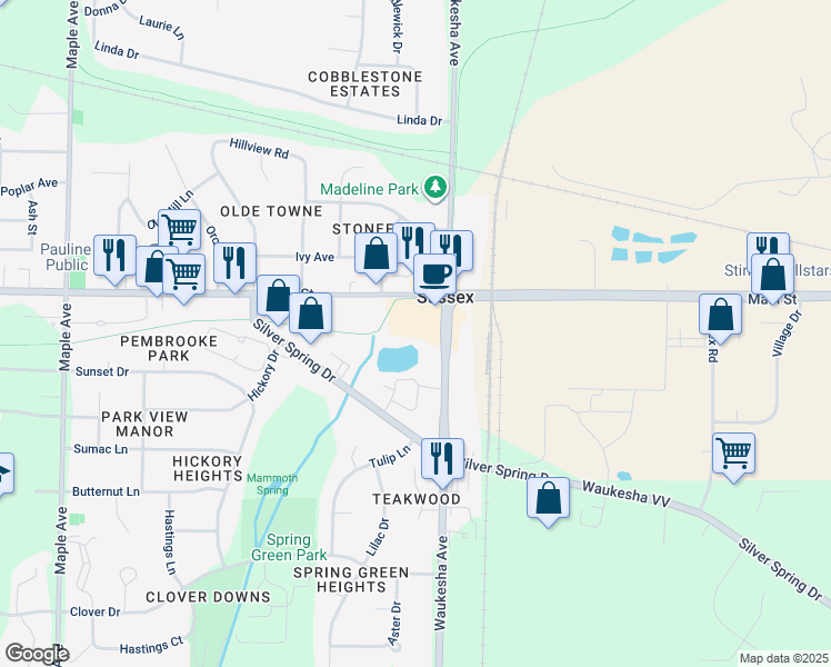 map of restaurants, bars, coffee shops, grocery stores, and more near N63W23217 Main Street in Sussex