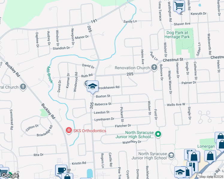 map of restaurants, bars, coffee shops, grocery stores, and more near 301 Brookhaven Road in Syracuse