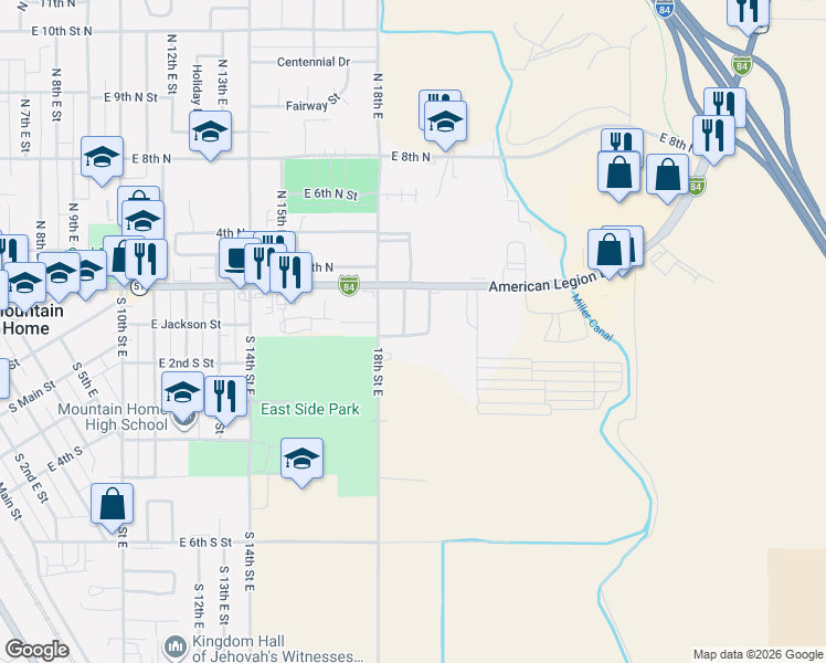 map of restaurants, bars, coffee shops, grocery stores, and more near 100 Dewey Street in Mountain Home