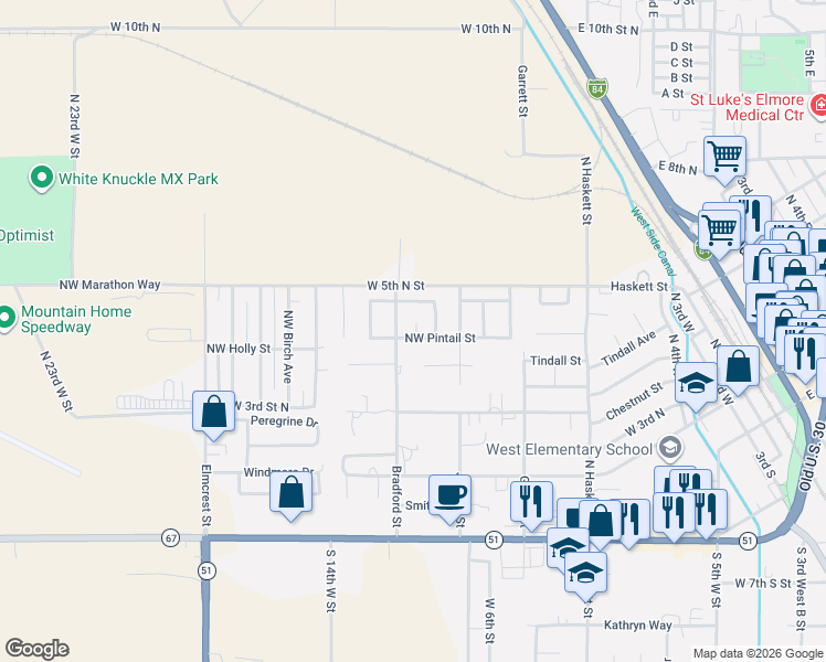 map of restaurants, bars, coffee shops, grocery stores, and more near 427 Northwest Wren Avenue in Mountain Home
