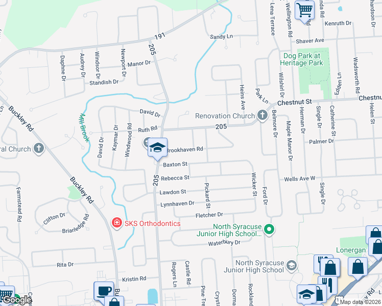 map of restaurants, bars, coffee shops, grocery stores, and more near 301 Brookhaven Road in Syracuse