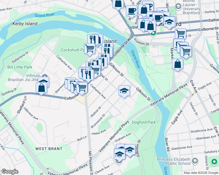 map of restaurants, bars, coffee shops, grocery stores, and more near 42 Richardson Street in Brantford