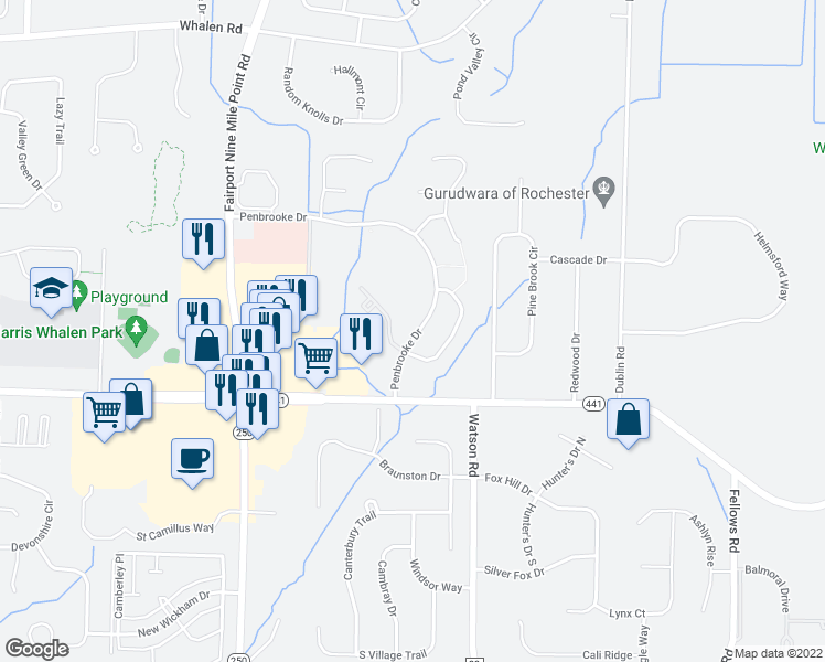 map of restaurants, bars, coffee shops, grocery stores, and more near 1 Penbrooke Drive in Penfield