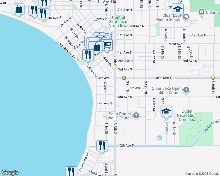 map of restaurants, bars, coffee shops, grocery stores, and more near 309 5th Avenue South in Clear Lake