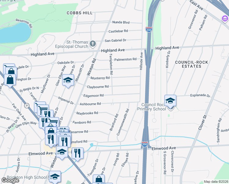 map of restaurants, bars, coffee shops, grocery stores, and more near 170 Edgemoor Road in Rochester