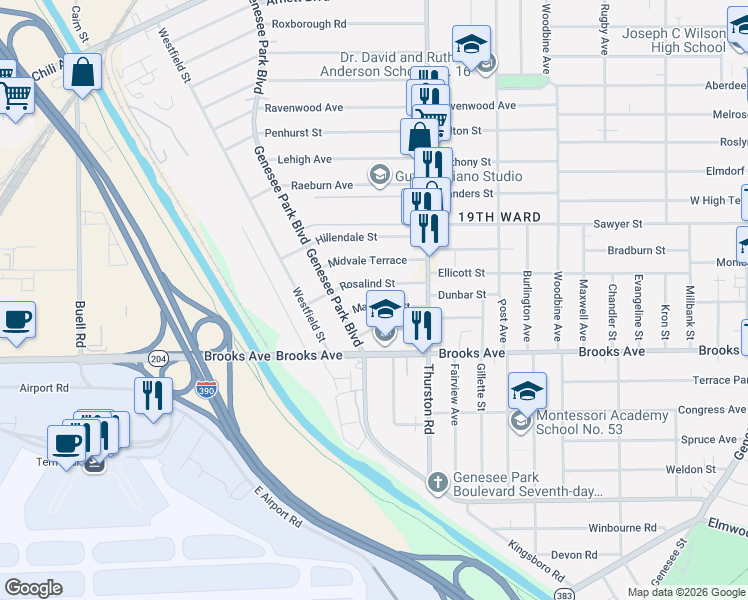 map of restaurants, bars, coffee shops, grocery stores, and more near 90 Margaret Street in Rochester