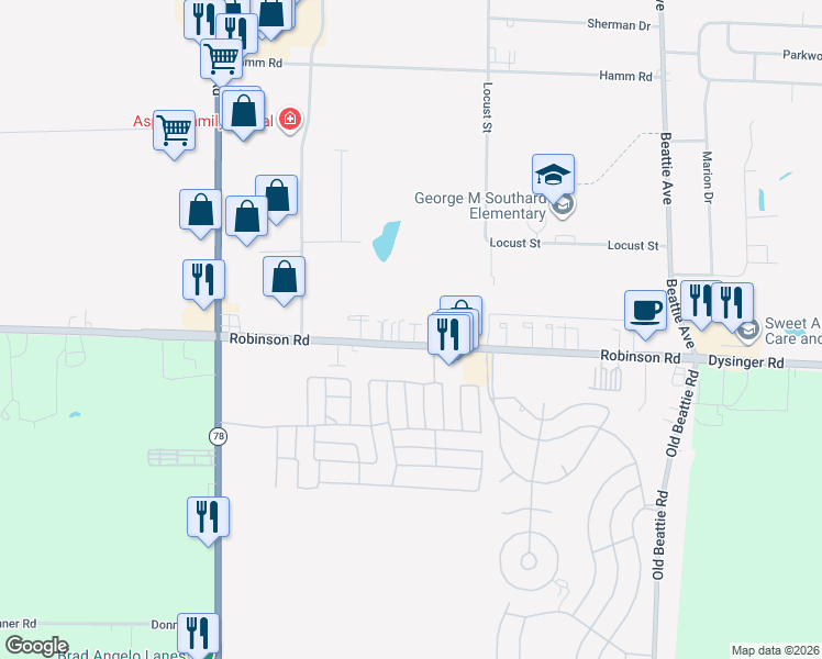 map of restaurants, bars, coffee shops, grocery stores, and more near 6305 Robinson Road in Lockport