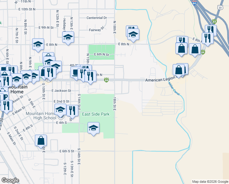 map of restaurants, bars, coffee shops, grocery stores, and more near 145 North 18th East Street in Mountain Home