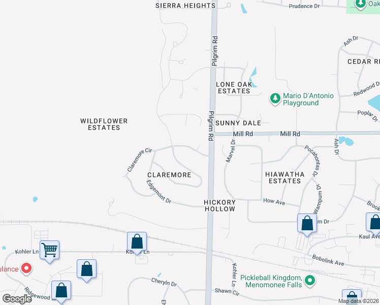 map of restaurants, bars, coffee shops, grocery stores, and more near N63W15725 Claremore Circle in Menomonee Falls