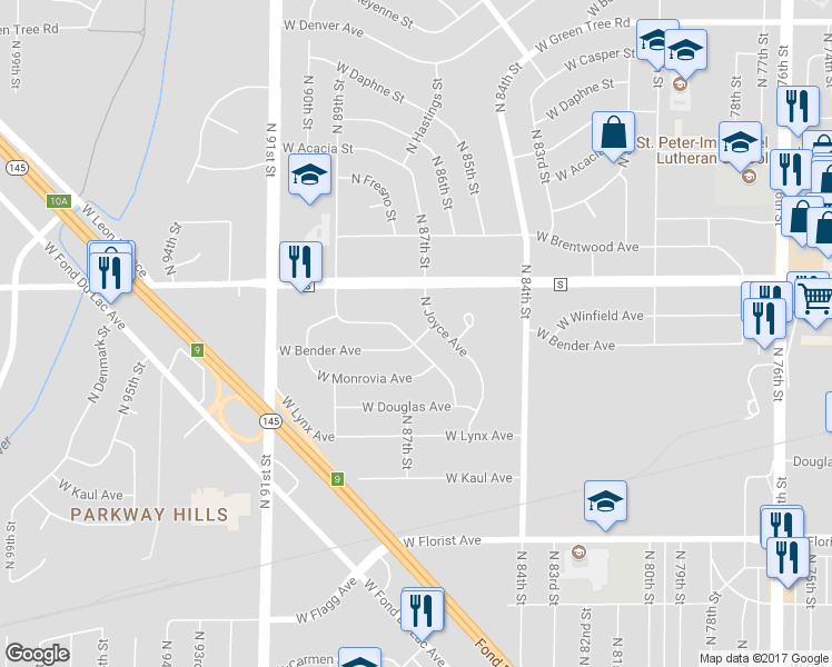 map of restaurants, bars, coffee shops, grocery stores, and more near 8624 West Bender Avenue in Milwaukee