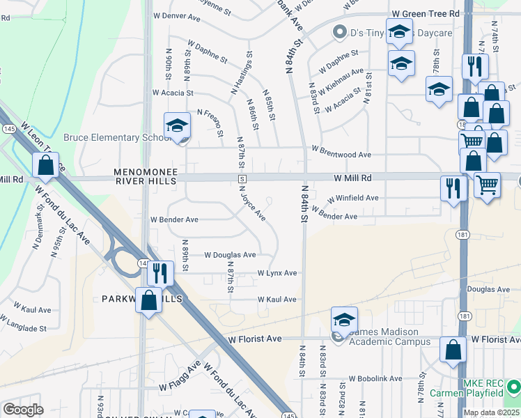 map of restaurants, bars, coffee shops, grocery stores, and more near 6301 North 86th Court in Milwaukee
