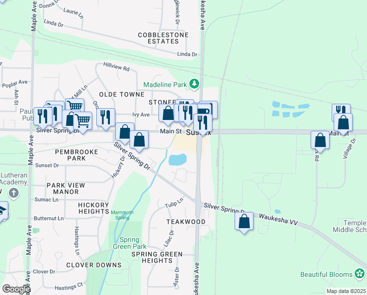 map of restaurants, bars, coffee shops, grocery stores, and more near N63 W23207 Main Street in Sussex