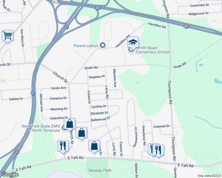 map of restaurants, bars, coffee shops, grocery stores, and more near 201 Patricia Lane in Syracuse