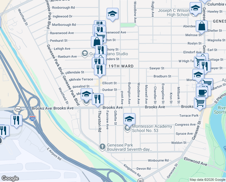 map of restaurants, bars, coffee shops, grocery stores, and more near 39 Dunbar Street in Rochester