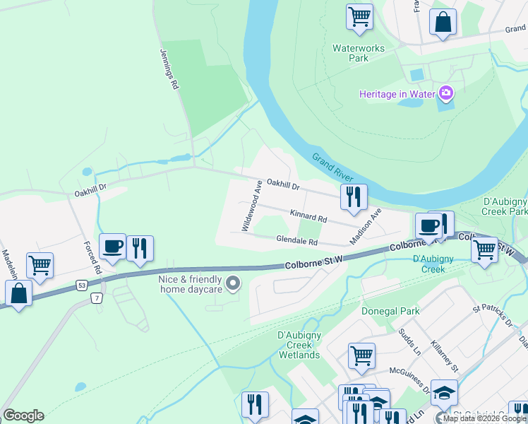 map of restaurants, bars, coffee shops, grocery stores, and more near 52 Kinnard Road in Brantford