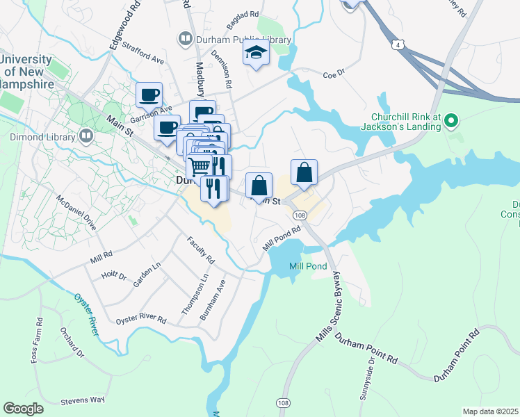 map of restaurants, bars, coffee shops, grocery stores, and more near 17 Main Street in Durham