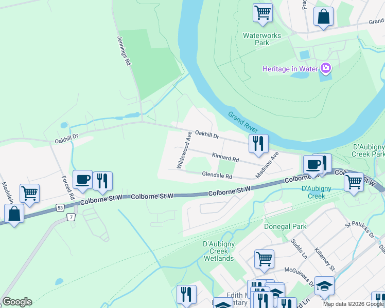 map of restaurants, bars, coffee shops, grocery stores, and more near 52 Kinnard Road in Brantford