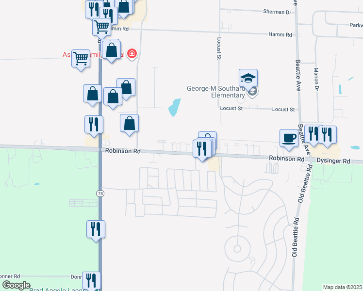 map of restaurants, bars, coffee shops, grocery stores, and more near 6297 Robinson Road in Lockport