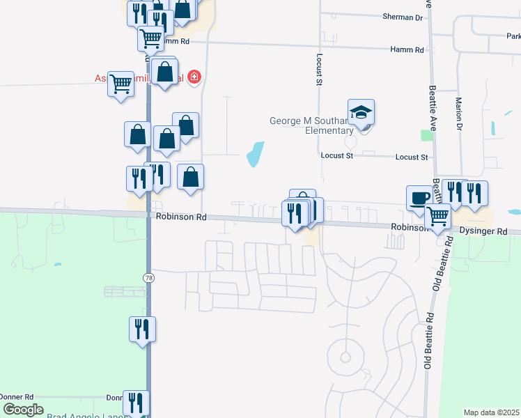 map of restaurants, bars, coffee shops, grocery stores, and more near 6297 Robinson Road in Lockport