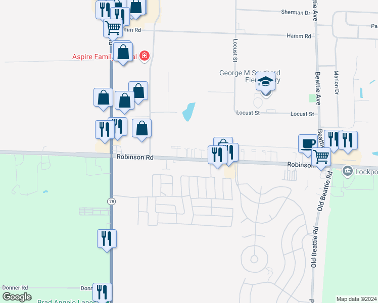 map of restaurants, bars, coffee shops, grocery stores, and more near 6297 Robinson Road in Lockport