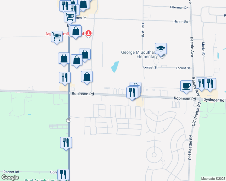 map of restaurants, bars, coffee shops, grocery stores, and more near 6297 Robinson Road in Lockport