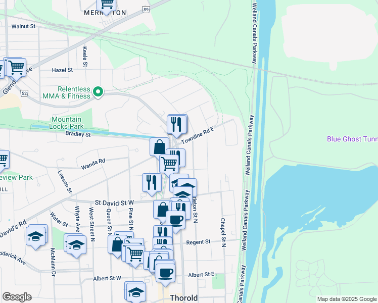 map of restaurants, bars, coffee shops, grocery stores, and more near in Thorold