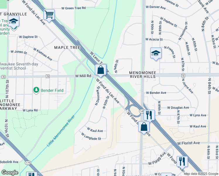 map of restaurants, bars, coffee shops, grocery stores, and more near 9520 West Fond Du Lac Avenue in Milwaukee