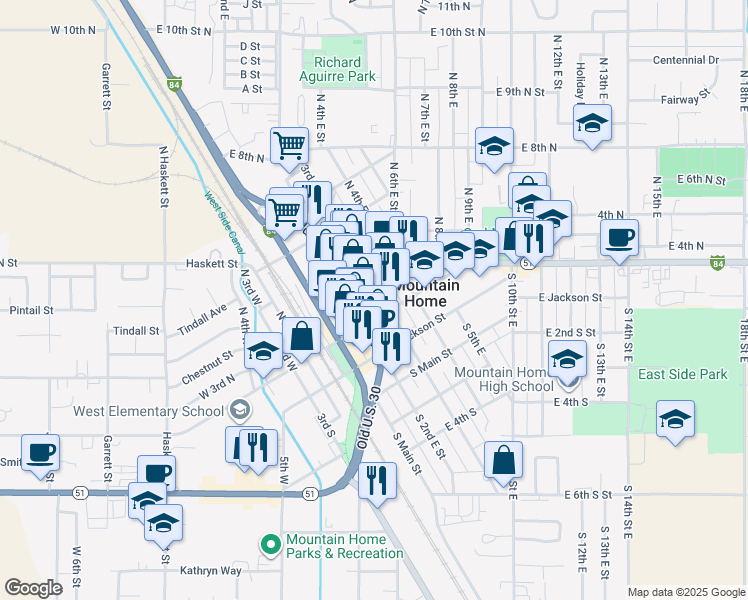 map of restaurants, bars, coffee shops, grocery stores, and more near 245 North 3rd East Street in Mountain Home