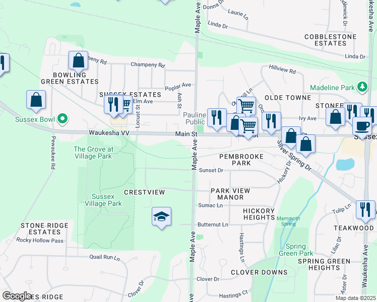 map of restaurants, bars, coffee shops, grocery stores, and more near Maple Avenue in Sussex