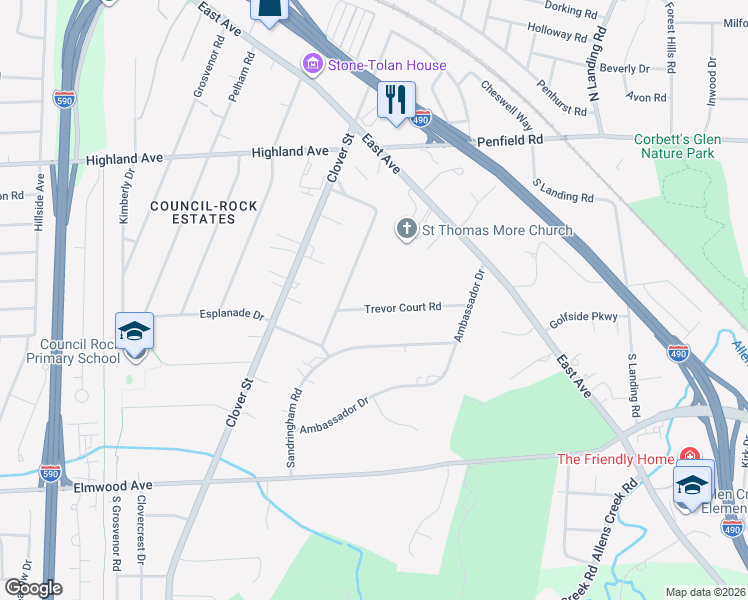 map of restaurants, bars, coffee shops, grocery stores, and more near 144 Trevor Court Road in Rochester