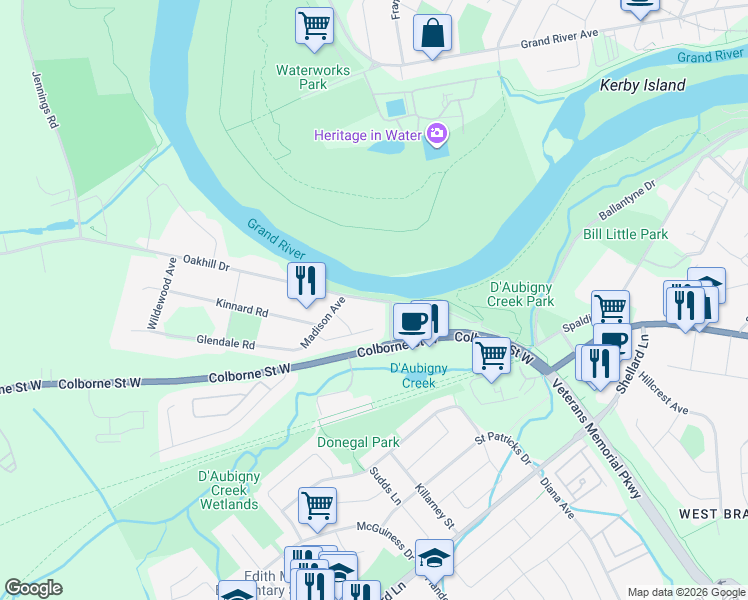 map of restaurants, bars, coffee shops, grocery stores, and more near 35 Oakhill Drive in Brantford